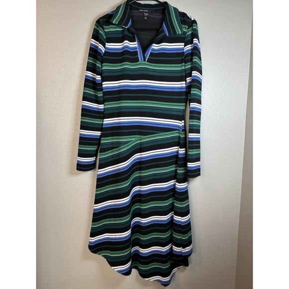 Maggie London Asymmetrical‎ Hem Midi Dress Green Blue White Womens Size 6 Ribbed - Picture 1 of 8